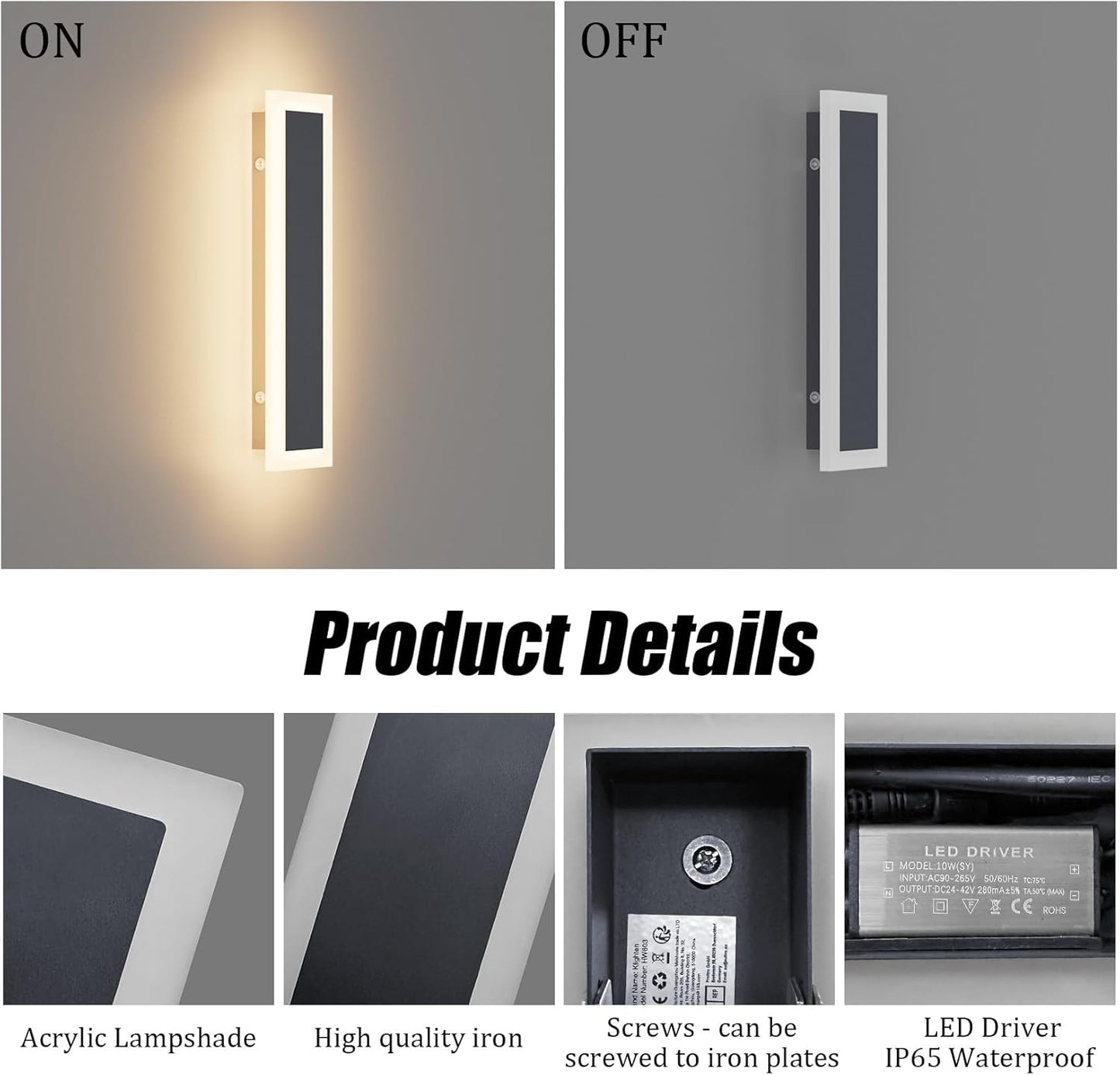 Klighten 2 pcs Aplique Murale LED Extérieur/Interieur, 10W/30CM Lampe Murale, IP65 Aplique Mural Exterieur, Luminaire Murale Fer Acrylique, Pour Terrasse Entrée Jardin, Blanc chaud 3000K, Anthracite