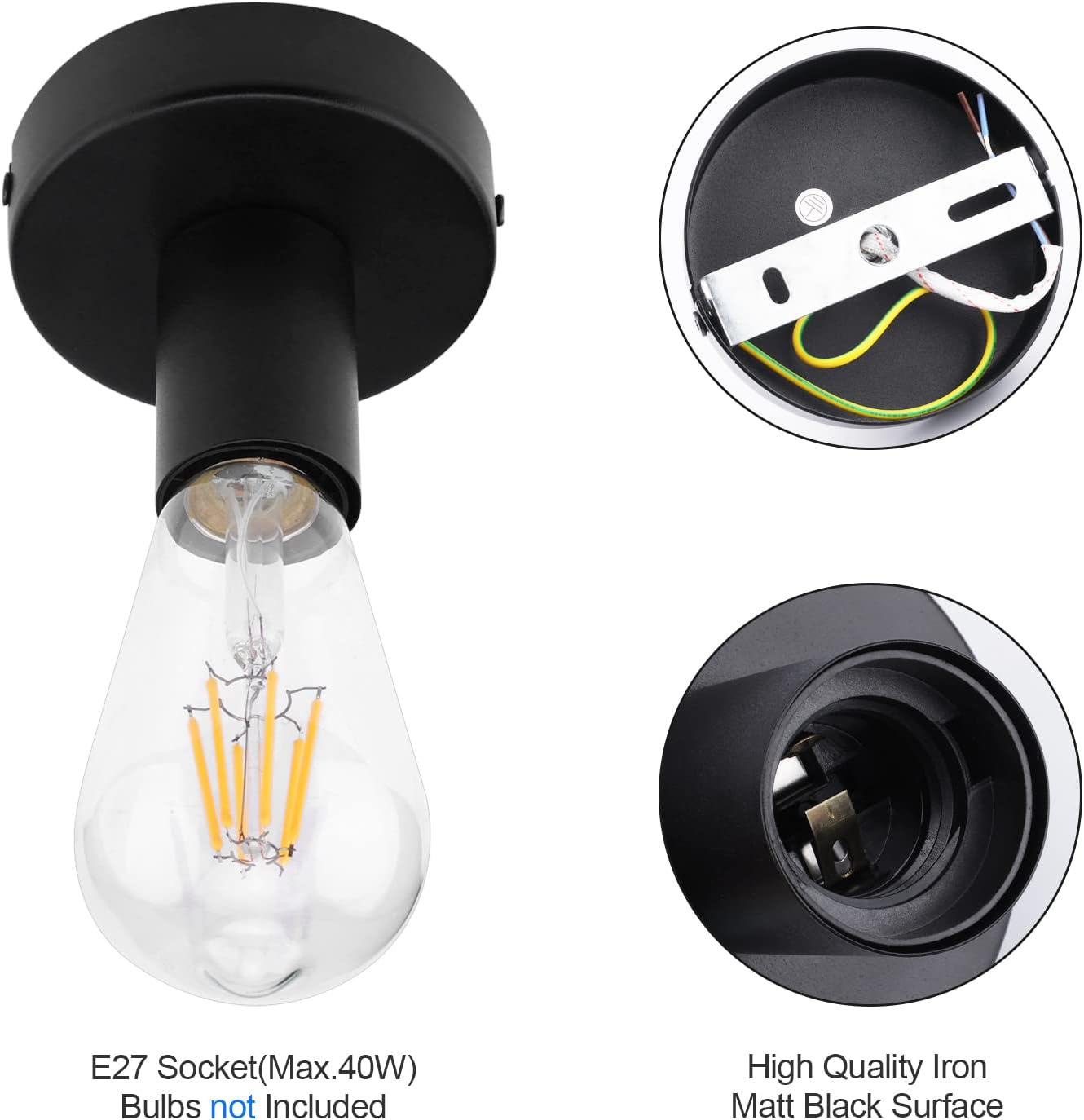 Klighten 2 Pcs Plafonnier E27 Retro Industrielle, Max 40W, Lampe Plafond en Métal Noir, Spot de Plafond Vintage Pour Salon, Chambre, Cuisine, Couloir, Ampoule non Incluse